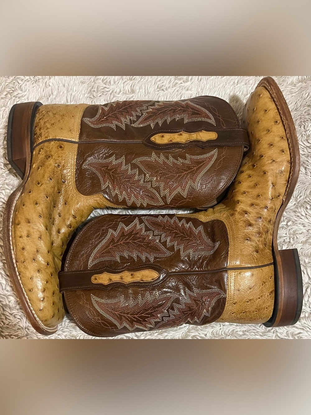 Tony Lama Two-Tone Brown and Tan Ostrich Print Western Boots